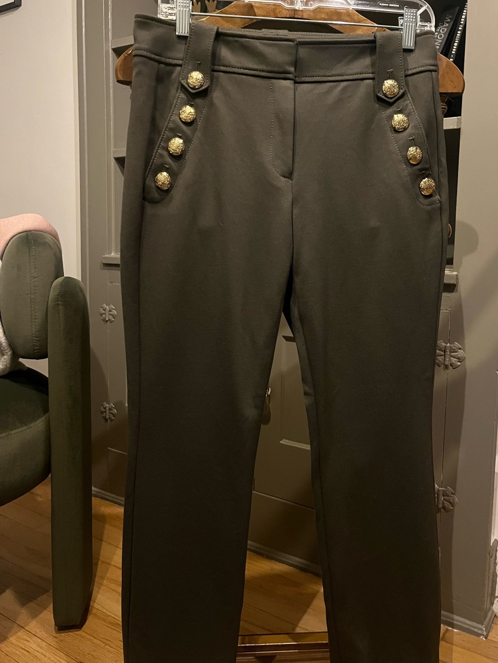 White House Black Market Olive Green Trousers with Gold Buttons